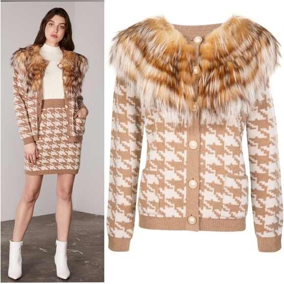 {S} Izaak Azanei SagaFurs Superior Carmel Houndstooth Buttoned Fox Fur Cardigan - Picture 1 of 13